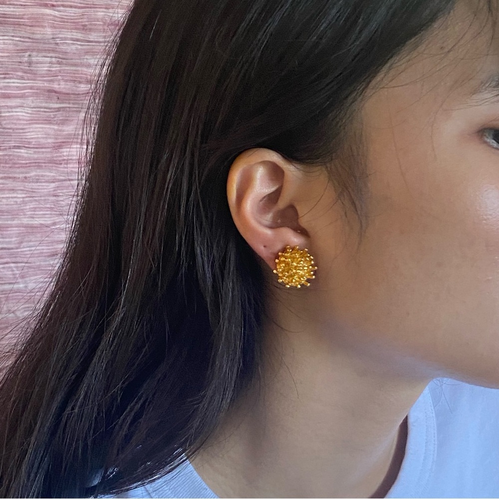 Vintage Handmade Brushed Gold Tone Round Clip On Earrings